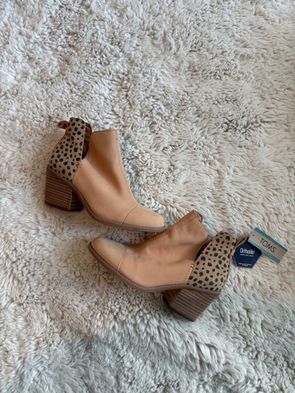 TOMS Tan Ankle Booties with Leopard-Print Heel Accent